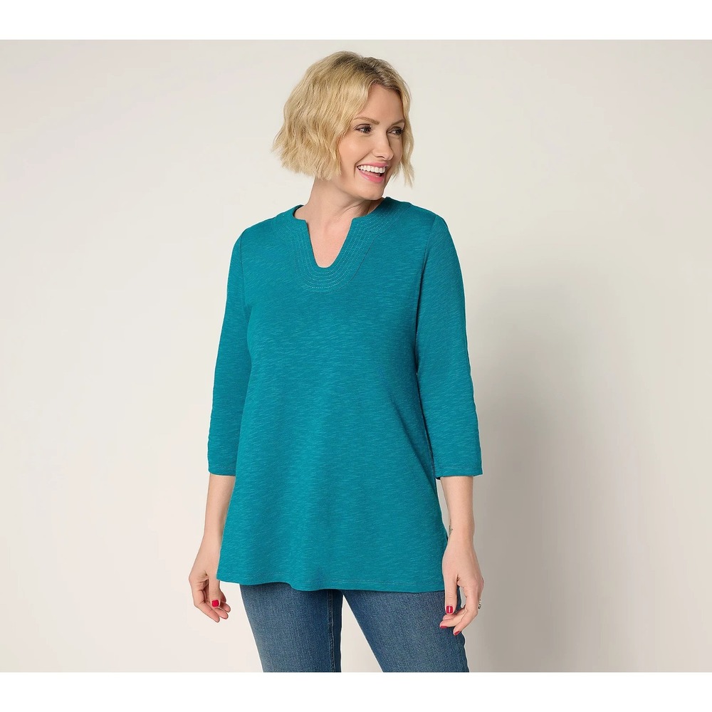 Denim & Co. Regular Slub Jersey 3/4 Sleeve U-Neck Tunic Rich Teal Large #49E